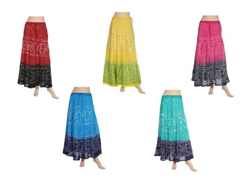 Indian Handmade Tie & Dye Bandhej & Sequins Work Boho Cotton Long Skirt Lot of 5 Pcs