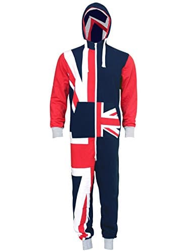 London Couture Mens All Over Union Jack Print Zipper Onesie UK Flag Hooded Jumpsuit Unisex Onesie Pajamas (Medium, Navy)
