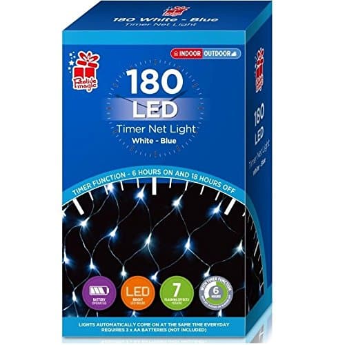 Battery Timer Indoor/Outdoor Net Mesh Curtain Xmas LED Fairy Light Decoration. (White-Blue - 180)