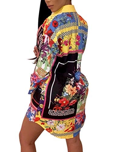 Women's Sexy Floral Button Down Shirts Long Sleeve Plus Size Blouse Tops T-Shirt Dress