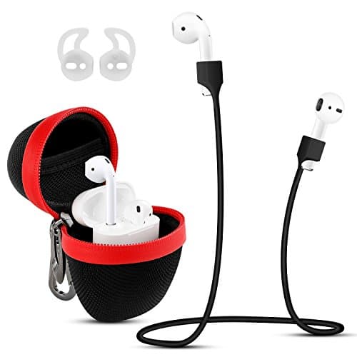 AirPods case Choncyn Shell EVA Full Protective Cover Hard Case with 1Anti-lost Strap,1 Pairs of Ear Hook for Apple AirPods (black red)