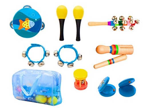 Toddler Musical Instruments - LeQeZe 7 Types 10pcs Baby Rattle Set Musical Gift Preschool Learning Percussion Toy for Kids Rhythm Band Toys with Storage Bag
