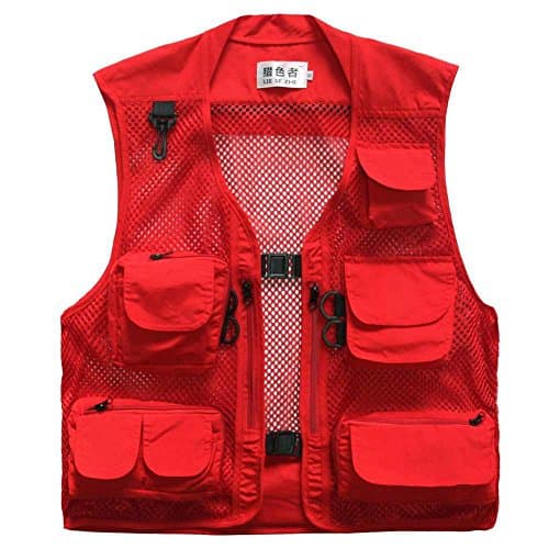 Lieshezhe Men Mesh Breathable Multi-Pocket Vest Outdoor Travelers Fly Fishing Photography (Red, US M/Tag XL)