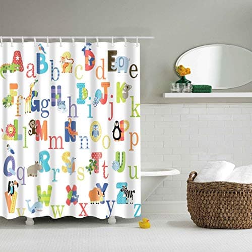 Moorfowl Fabric Shower Curtain Colored Alphabet Letters Pattern Bath Rug 12 Hooks Included, Waterproof, Anti Mildew Shower Curtain for Kids