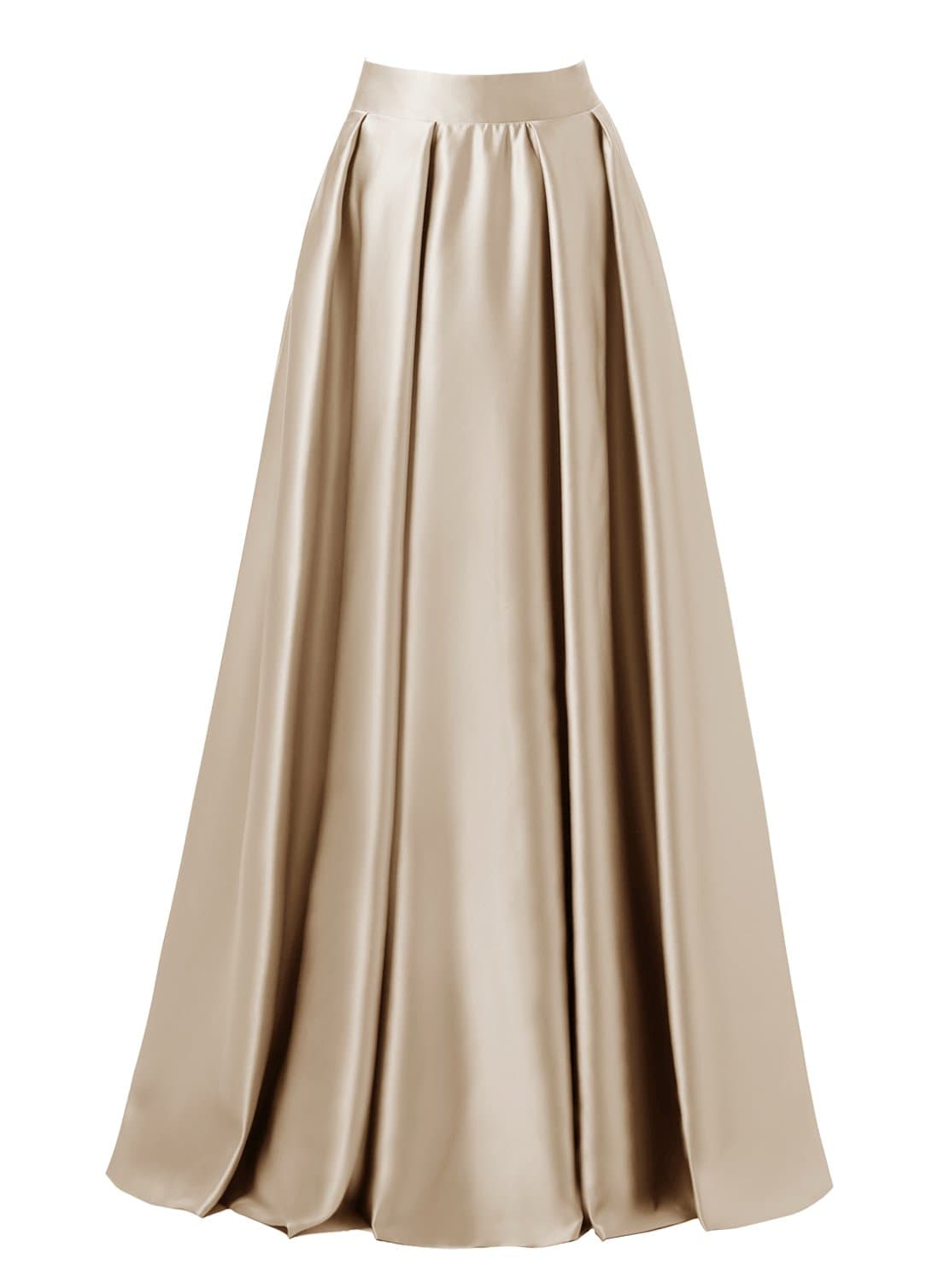 emondora Women High Waist Elastic Satin Flared Swing Maxi Skirt Pleat Prom Gown