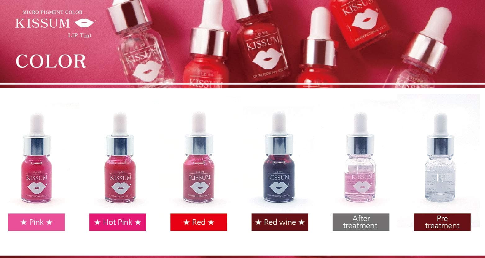 Lip tint kissum individual colours as well as pre- and after-treatment.