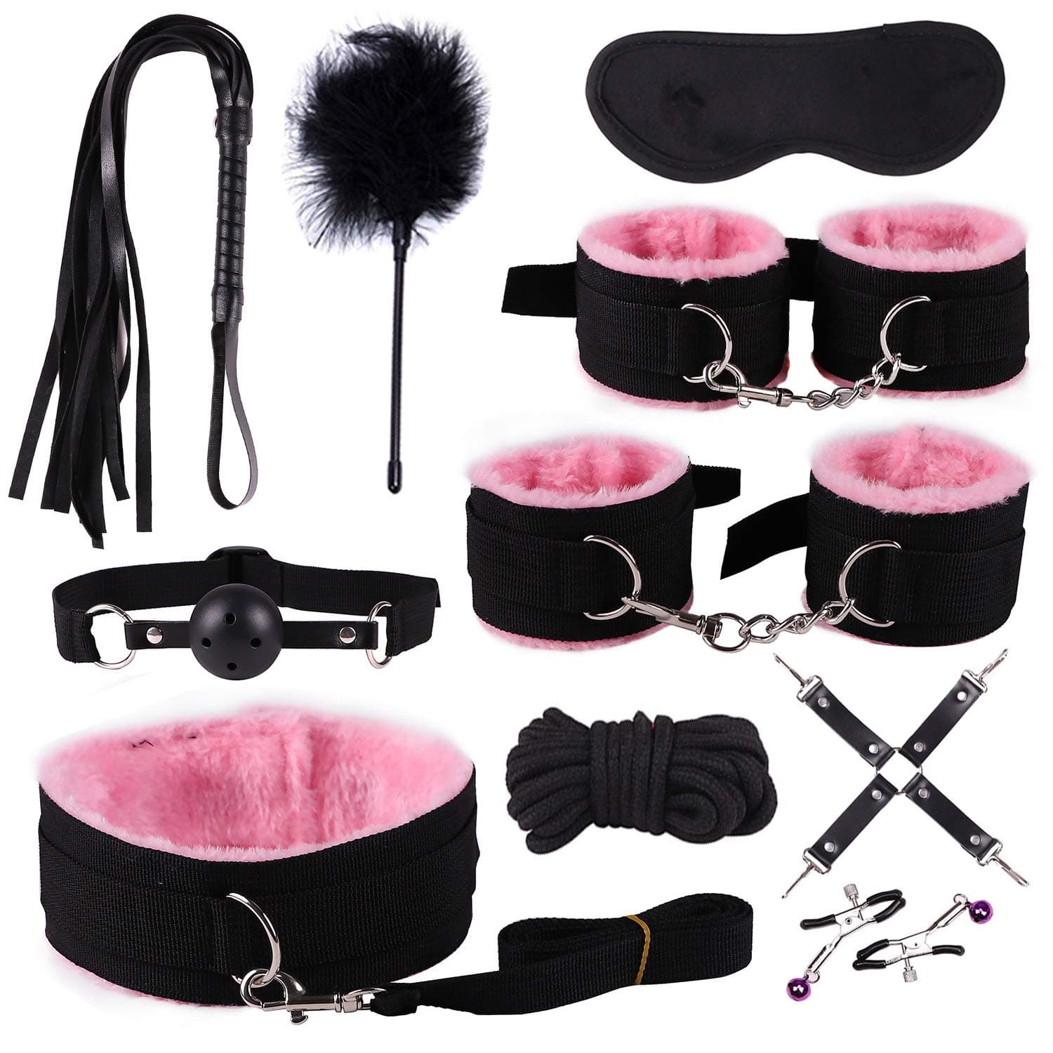 Binding Bundled Set Suit Plush Yoga Nylon 10Pcs Long Fur 6 Colors Warm Winter Gear Sēx Kit Hāndcuff Whip Blindfold SM Cosplay Queen Rëštrâîňtš for Partner Fun Toy Passionate Moment
