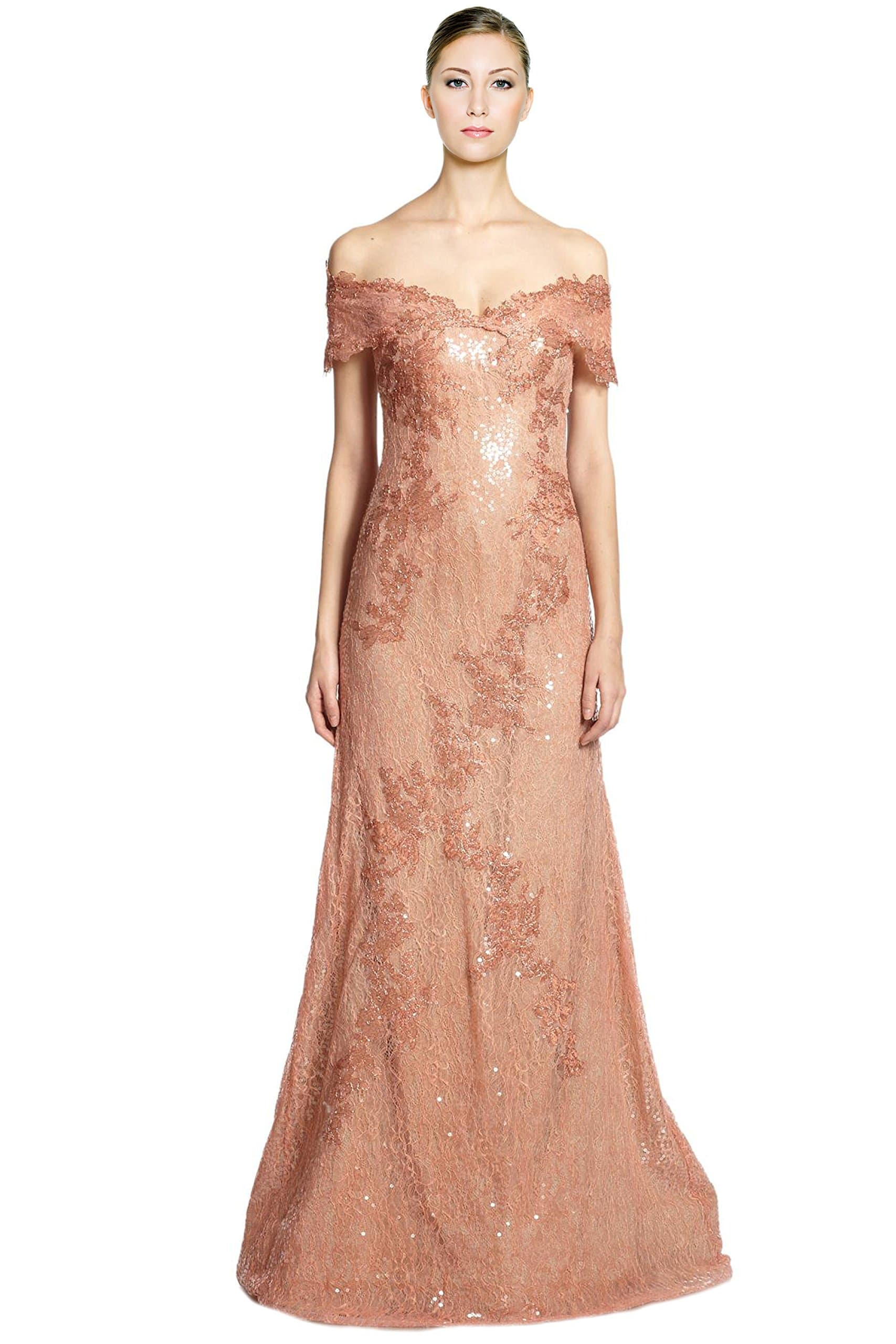 Rene Ruiz Lace Sequins Applique Off Shoulder Evening Gown Dress Apricot
