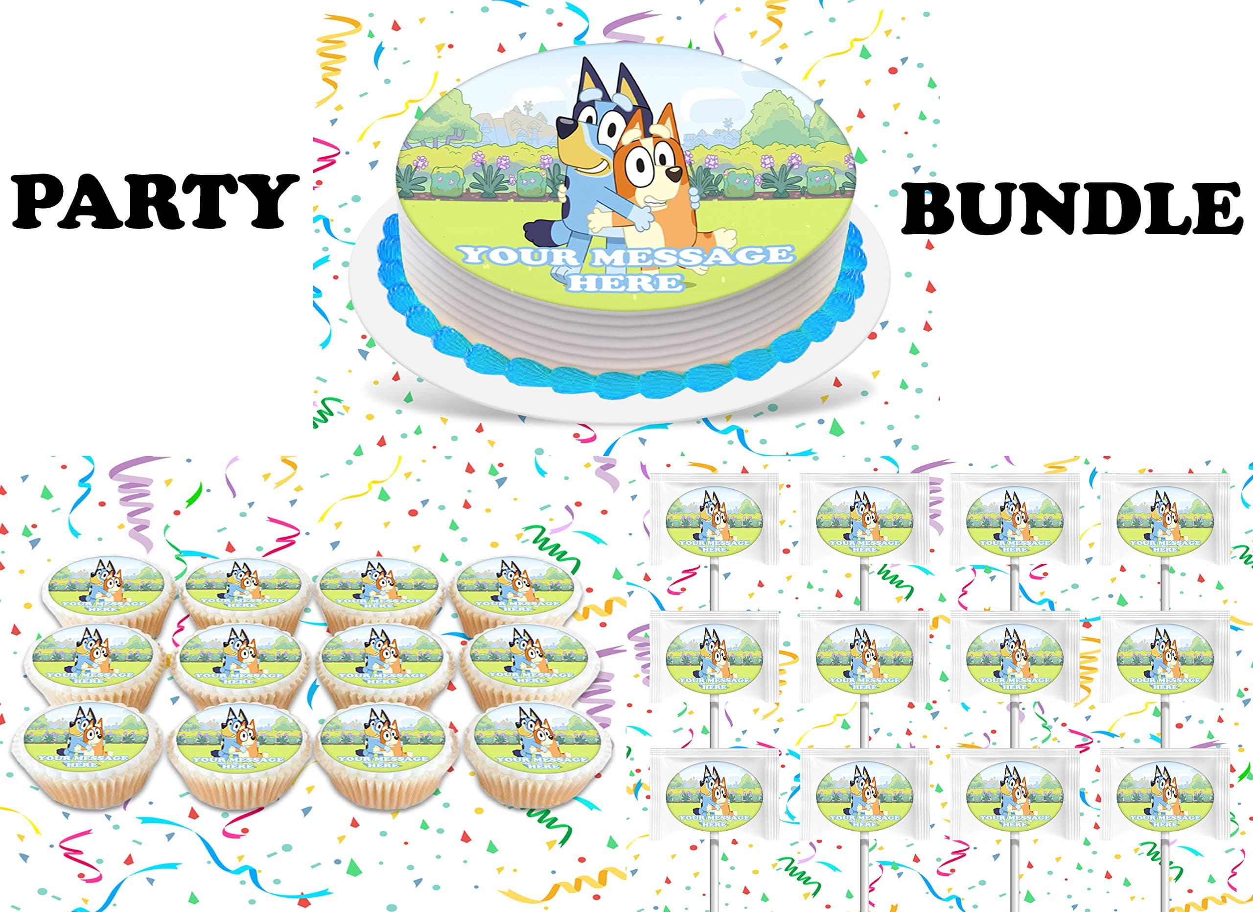 Bluey Party Supplies 3 Pc Set Including Edible Image Round Cake Topper Frosting Sugar Sheet, Personalized Cupcakes, Lollipops Decorations