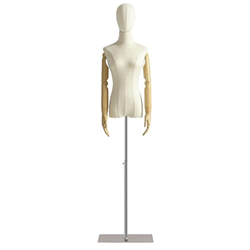 Female Mannequin Dress Form Torso, Display Mannequin Body with Detachable Head, Wooden Hands and Silver Adjustable Height Stand, for Dress Jewelry Display