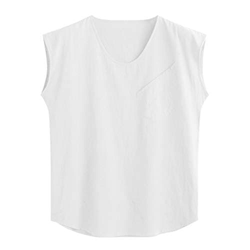 NIUQI Men's Baggy Cotton Linen Solid Pocket Sleeveless O-Neck Vest Tank Tops Blouses White