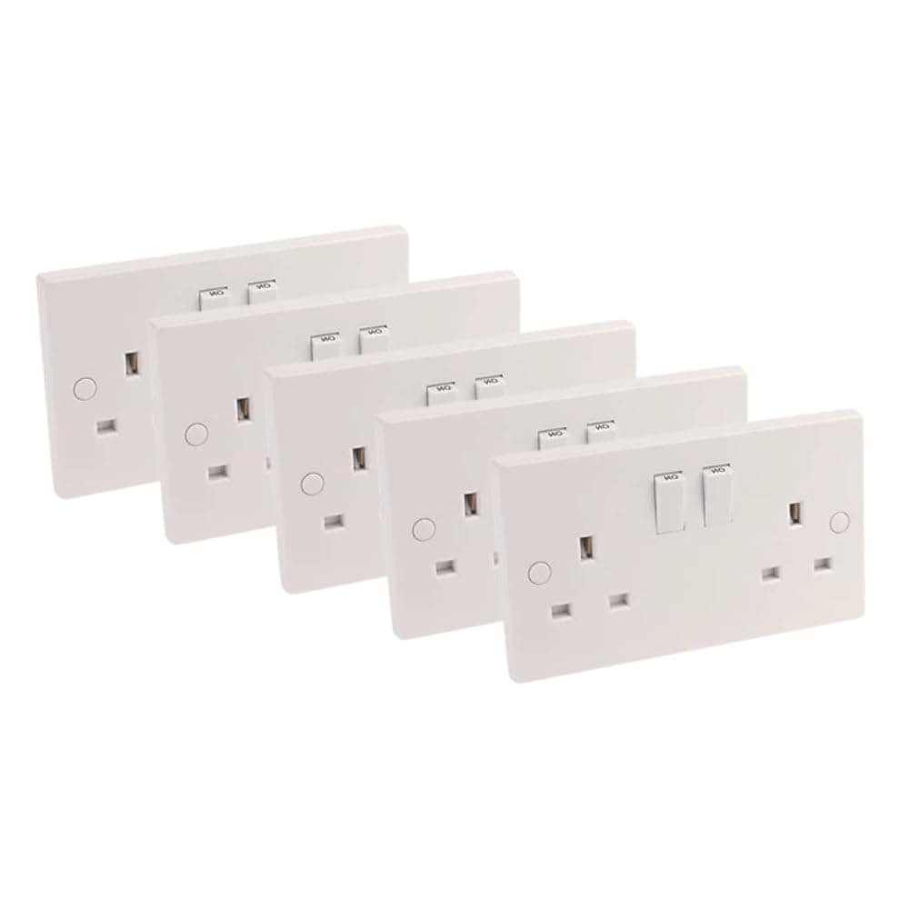 5 pcs x Axiom 13Amp Double Twin Switched Socket 2 Gang White Square Edge Electrical Mains Power Outlet