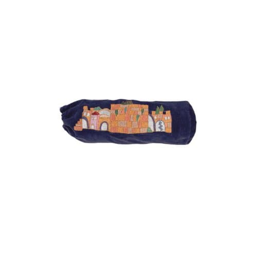 Yair Emanuel Velvet Shofar Bag with Embroidered Jerusalem Design (Blue)