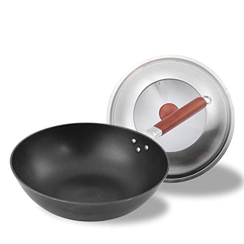 FDA Approved Durable Uncoated Light Cast Iron Wok Universal Anti-rust Nonstick pan with Wooden Handles and Lid, 12inch
