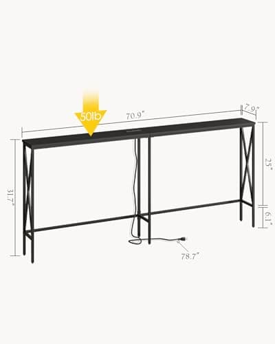 Masupu 70.9" Console Table with Power Outlet, Modern Narrow Long Sofa Table Behind Couch, Skinny Entry Table, Industrial Sofa Table with Metal Frame for Hallway, Living Room, Classic Black