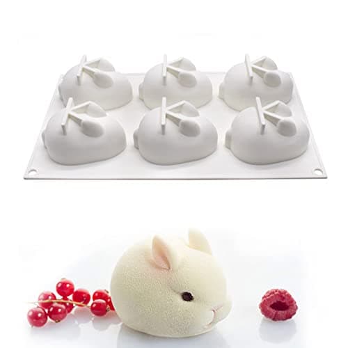 OCPO KITCHEN 3D Easter Bunny Silicone Mold for Baking Rabbit Shape Mousse Cake, French Dessert, Chocolate, Pastry, Pudding, Jelly, Cake Decoration Mold, Rabbit Shape (6 Cavity)