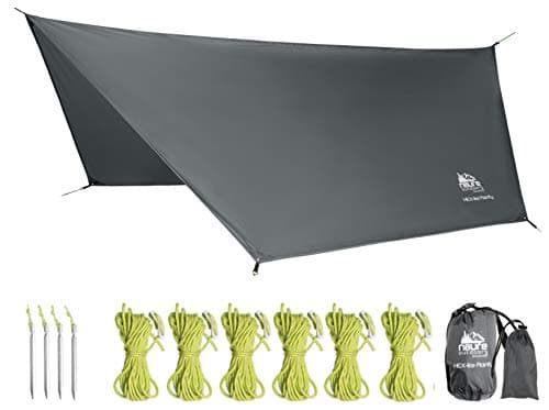 N8URE Outdoors Hammock Camping Rain Fly Tarp 12'x10' Hex Ultra Light Ripstop Nylon Water Proof Shade Tent Shelter Backpacking Hiking Travel Bushcraft Survival Gear Includes Stakes Ropes Stuff Sack
