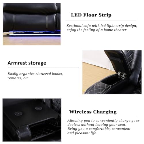 A Ainehome Power Recliner Set, Leather Sectional Sofa Set for Living Room, Home Theater, with LED Lights, Cup Holder, Hide-Away Storage, Wireless Charging(A-Black)