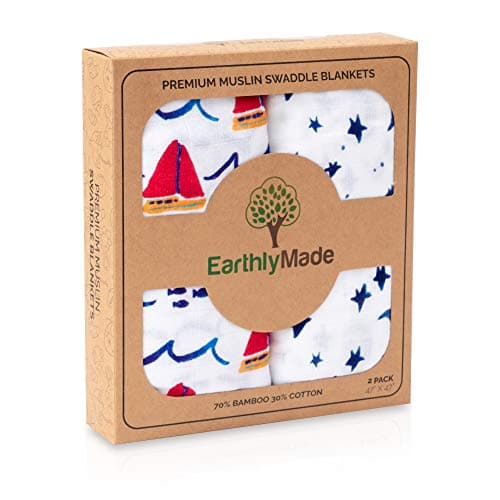 Earthly Made Muslin Baby Swaddle Blankets - Super Soft, Breathable, Large, 47 x 47 inches - Receiving Blanket for Swaddling Newborn, Baby, Infant, Boys and Girls - 2 Pack