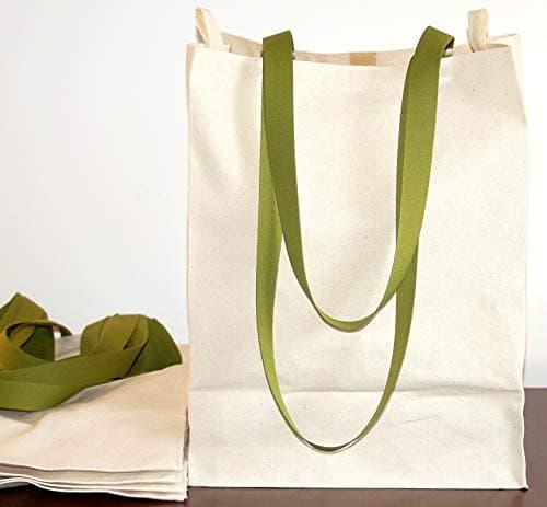 Turtlecreek Made in USA Cotton Canvas Reusable Grocery Tote Bags with Long Green Handles - Regular Size - 4 Pack