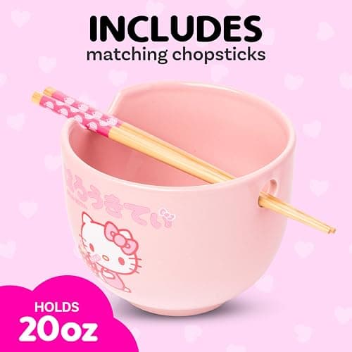 Silver Buffalo Hello Kitty Strawberry Milk Ceramic Ramen Bowl with Chopsticks, 20oz, Pink