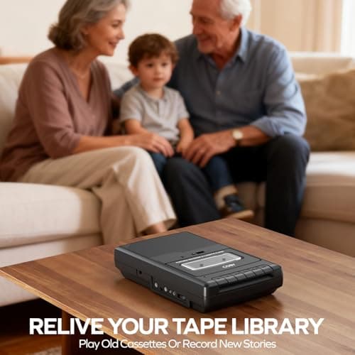 Coby Portable Cassette Player & Recorder with Standing Microphone – Retro Shoebox Tape Recorder with Built-in Speaker, Aux Input, Headphone Jack & Dual Power (Battery/AC) – Classic Black Audio Device