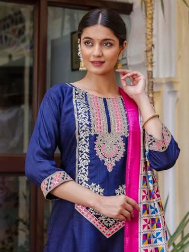 VredeVogel Kurta Set with Dupatta | Silk Blend Kurta Set for Women | Women's Ethnic Casual Kurti Set |Kurta Pant Festive Suit