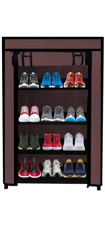 ROBMOB Multipurpose Collapsible Shoe Rack Non-Woven Fabric Metal Pipes 4 Layer Shelves with Cover (Brown,Metal)