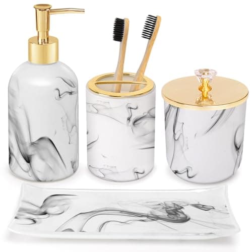 Haturi Bathroom Accessories Set, 5 Pcs Marble Look Sets Soap Dispenser & Toothbrush Holder Counter Top Restroom Apartment Decor Stuff, Resin Kits, Gift for Women and Men, Ink White