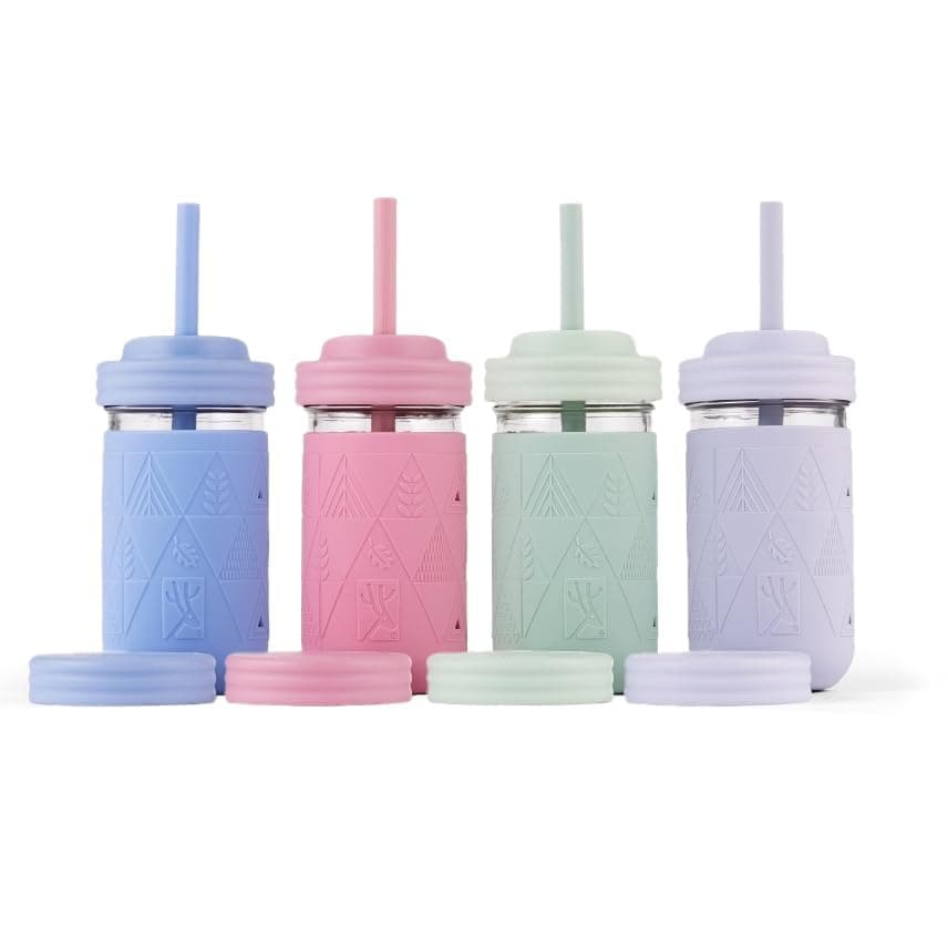 Kids + Toddler Glass Cups | The Original 12oz Glass Mason Jar with Sleeves + Lids | Silicone Straws + Stopper | Smoothie Cup | Food Storage | Spill Resistant | Dishwasher Safe | 4 Pack