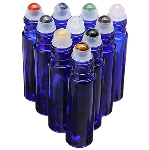 Cobalt Blue Glass Roller Bottle 10 Pack 10ml Gemstone Roller Ball For Essential Oils,Natural Crystal Stones Roller Ball With Black Lid Thick Glass Roll on Bottle,10 Balls material-Crystal Chips Inside