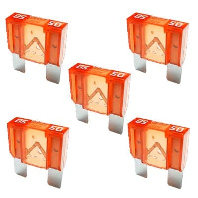 5 x Flat 50A MAXI Blade Fuse - 32V / Red