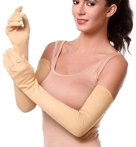 Fashion Full Hand Arms Sleeves Protective Summer Gloves Sun Burn Protection Hand Arm Skin Gloves for Girl's and Women's (Cream) (Pack Of 1)