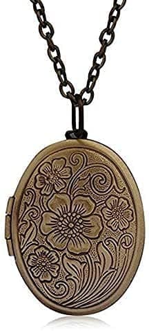 Vintage Engraved Flower Locket Picture Pendant Necklace for Women