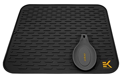 EekayWares XL Black Silicone Drying Mat with Bonus silicone spoon rest & storage band for easy storage- Easy Clean, Heat Resistant, size-17.8 X 15.8
