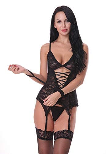 EVAbaby Sexy Lace Garter Lingerie Set Handcuff Corset Bodysuit for Woman Black M