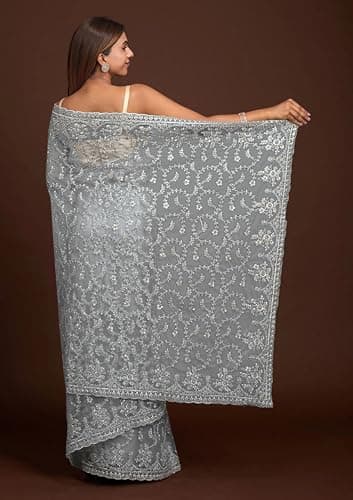 TRENDMALLS Women's Net Embroidery Saree with Blouse Piece