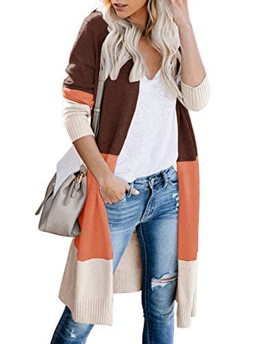 SaodimallsuLovaru Womens Boho Open Front Cardigan Colorblock Long Sleeve Loose Knit Lightweight Sweaters