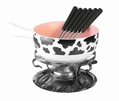 Artestia Ceramic cheese fondue pot Set, fondue set,Six Fondue Forks Premium Porcelain Melting fondue Pot For Cheese, Chocolate- Holstein
