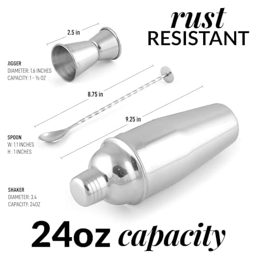 Zulay Kitchen 24oz Stainless Steel Cocktail Shaker Set – Professional Martini & Margarita Shaker with Built-in Strainer, Double-Sided Jigger, Muddler & Mixing Spoon – Bartender Kit for Mixed Drinks