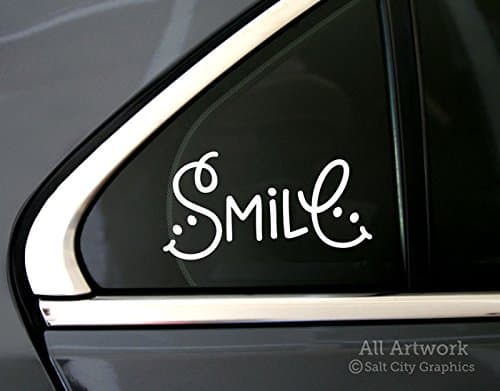 Smile Car Decal, Be Happy Bumper Sticker - Smiley Face, Positive, Happiness - Vinyl for Window, SUV, Mirror (5 inches Wide, White)