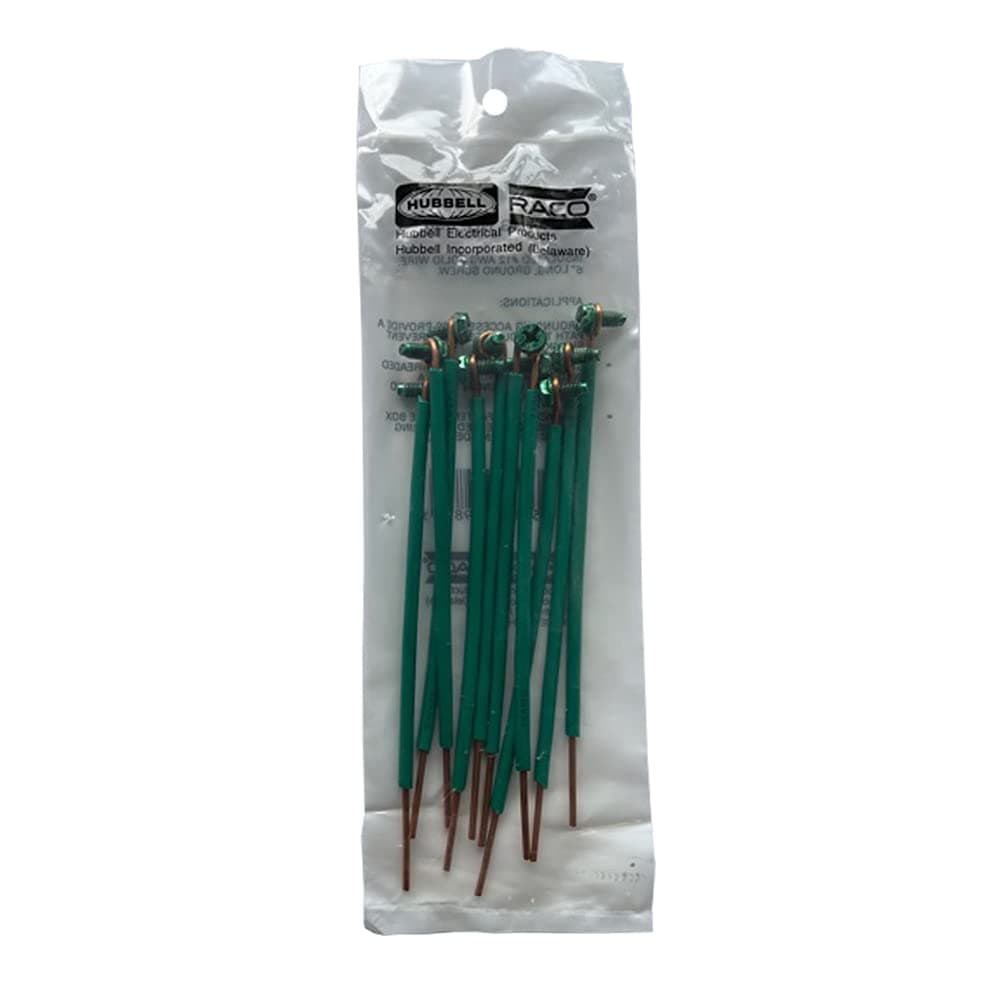RACO 8983-1, Grounding Pigtails, 12 Solid Insulated Copper Wire, 6" Length with 10-32 Captive Green Ground Screw with 4-Way Combo Head (10pc Pack)