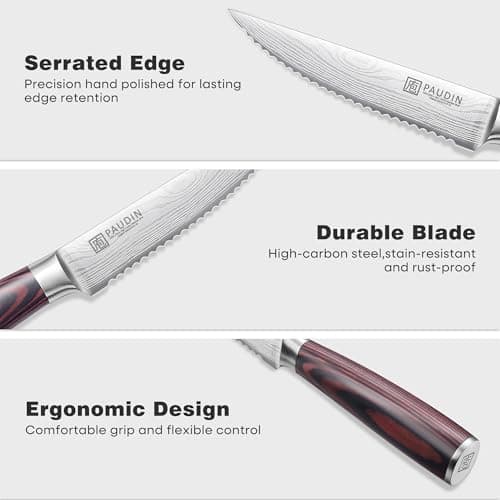 PAUDIN Steak Knives 4.5 Inch, Steak knives Set of 8, High Carbon Stainless Steel Steak Knife Set, Sharp Serrated Steak Knife with Pakkawood Handle, Kitchen Steak Knife Set with Gift Box