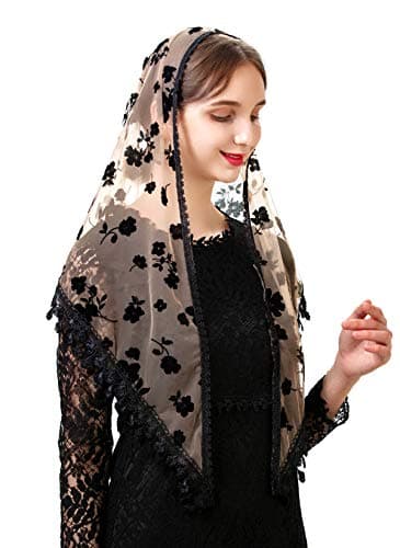 Pamor Triangle Lace Veil Mantilla Cathedral Head Covering Chapel Veil for Mass Wedding Bridesmaids (Beige and Black)