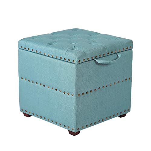 Adeco Fabric Ottoman with Storage Chest and Footrest - Square Ottoman with Tray(Blue-2) Small