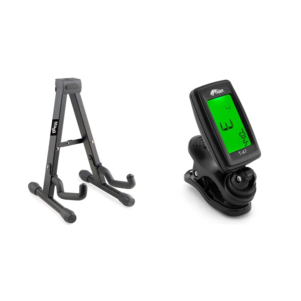 Stagg SUVM-A100BK Foldable A Stand for Ukuleles, Mandolins and Violins - Black & TIGER T-47 Clip-On Digital Chromatic Tuner for Acoustic, Electric, Bass Guitars, Banjo, Ukulele, Violin Black