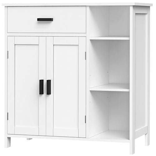 WEENFON Bathroom Cabinet, Floor Storage Cabinet with Doors and Shelves, Coffee Bar Cabinets with Drawer, for Living Room, Bathroom, Kitchen, White