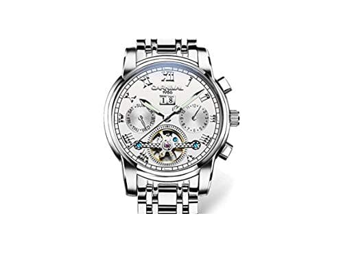 WhatsWatch CARNIVAL Mens tourbillon Automatic Mechanical Watch Silver Stainless Steel Multifunction White Watches