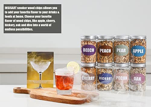 Wood Chips for Smoking 8 Variety Pack Natural Wood Chips for Smoker Gun(22 oz Total), Pecan, Oak, Cherry, Apple Great for Smoking Beef Pork Chicken Fish Cocktail and Whisky