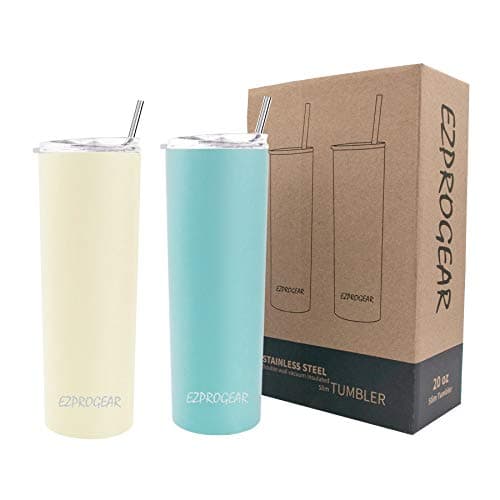 Ezprogear 20 oz 2 Pack Stainless Steel Travel Skinny Tumbler Double Wall Vacuum Insulated with Straws (20 oz 2 Pack, Cream/Sky-Blue)